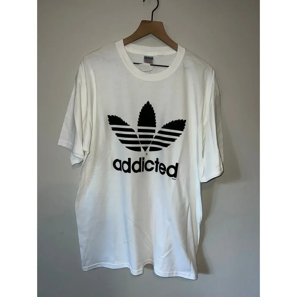 Y2K Addicted Adidas Weed Marijuana Smoke White Graphic Shirt 2000s M Medium - Picture 1 of 9